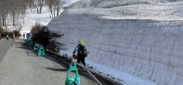 駐車場から月山ペアリフトまで、残雪がない時の様子